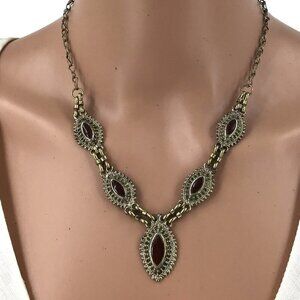 Art Deco Style Necklace Gold Tone Brown Hook Closure 16 Inch Length